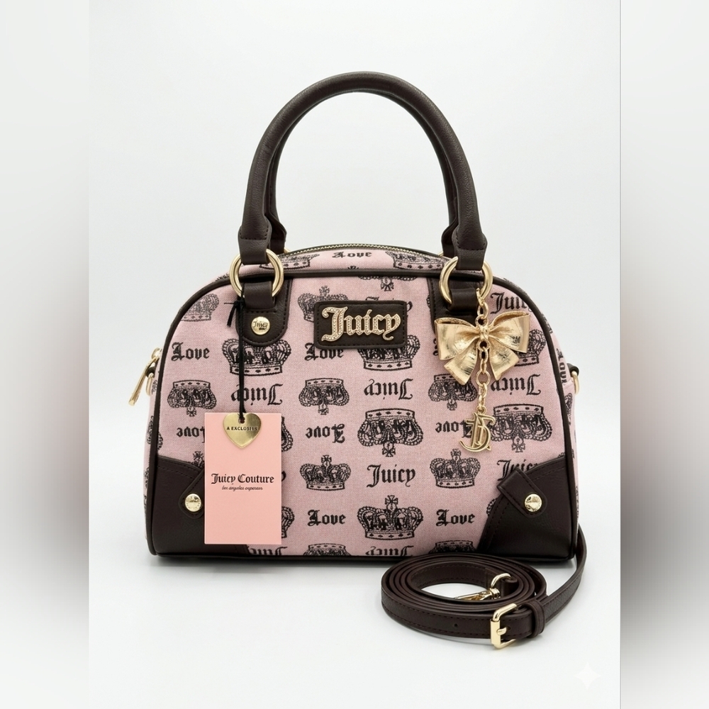 New+Tag Juicy Couture Brown & Pink Shoulder Bag Cross Body Purse Rose Gold Bow